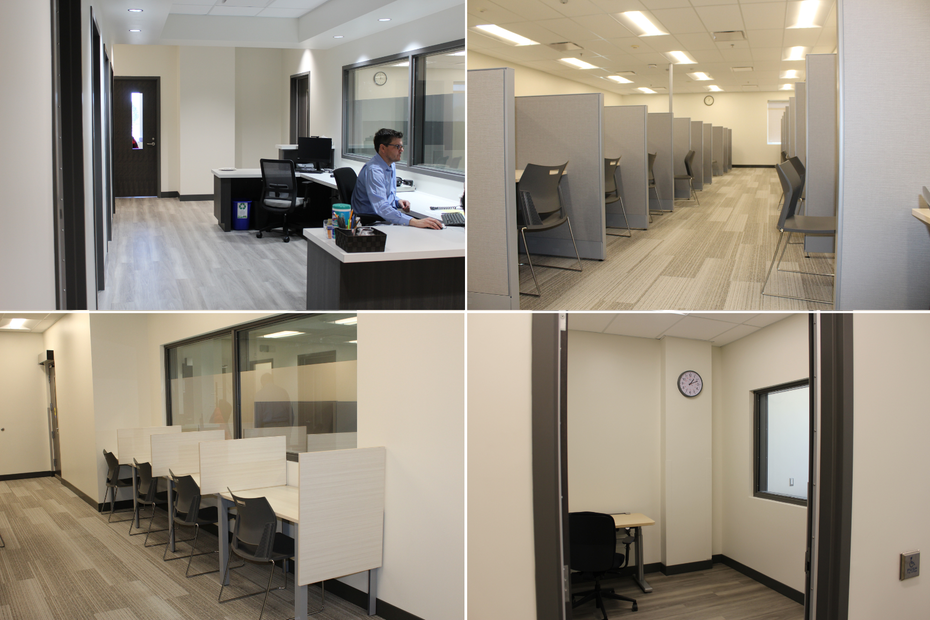 A collage of photos showing the new integrated test centre reception desk, individual cubicles, and a private test room.
